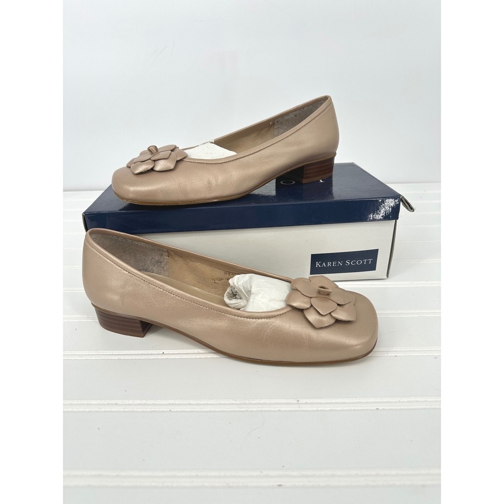 Vtg Karen Scott Floral Flats Women 7.5 Gold Leather Low Heel Dress Shoes Comfort